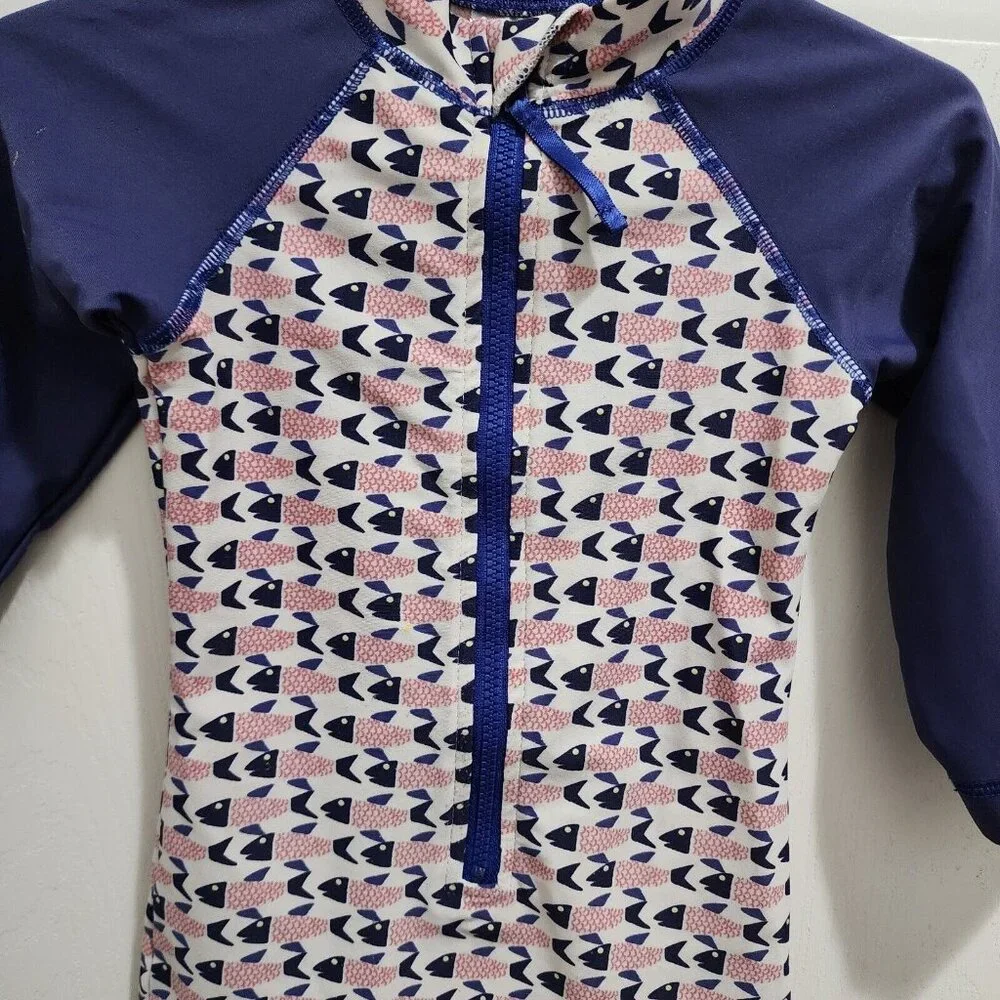 Egg By Susan Lazar Baby One Piece Zip Front LS Rashguard Red White Blue Fish 12M